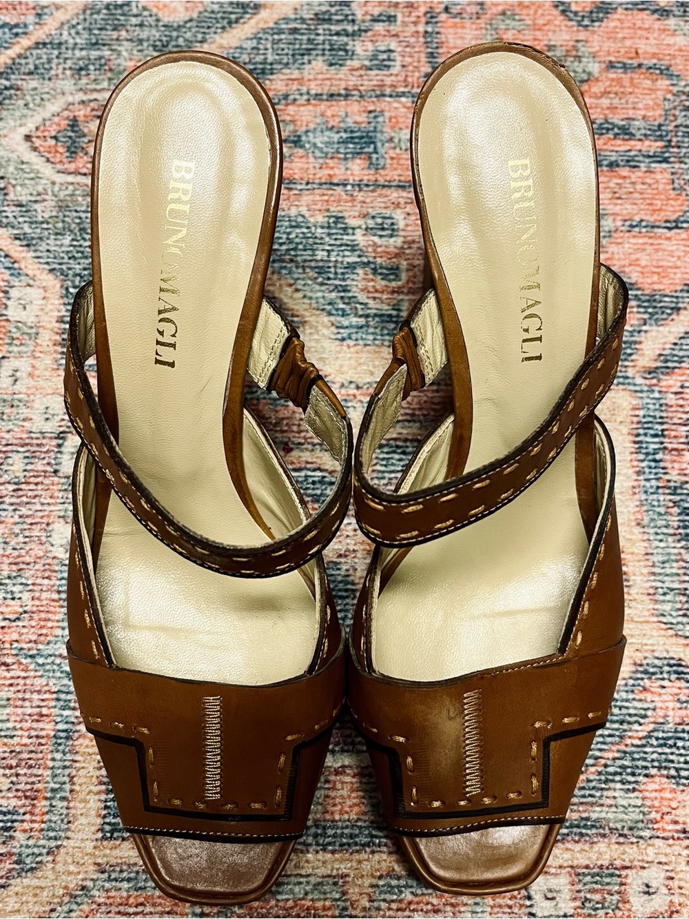 Bruno Magli Brown Leather Strappy Open-Toe Slide Heels